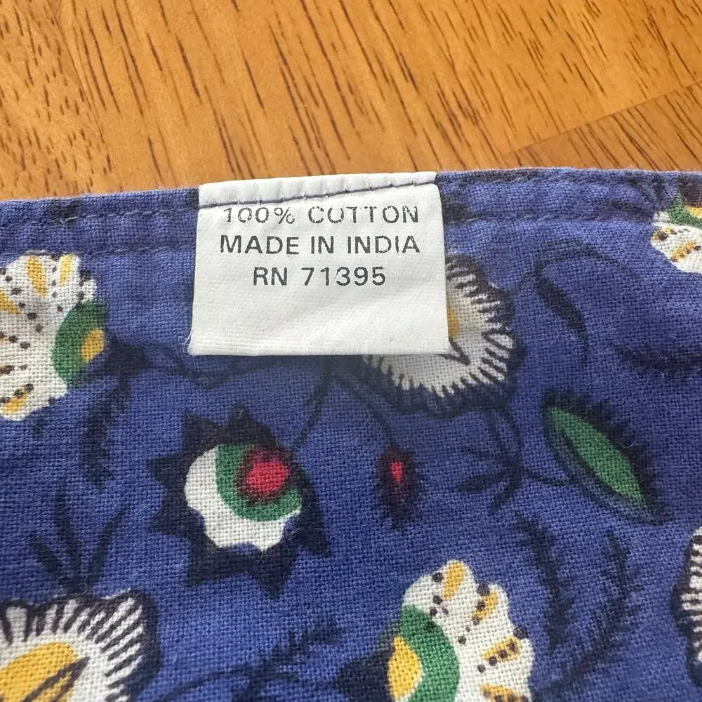 Blue Floral Orange Poppies Cotton Placemats Set 4 Reversible India 14x20 Cottage
